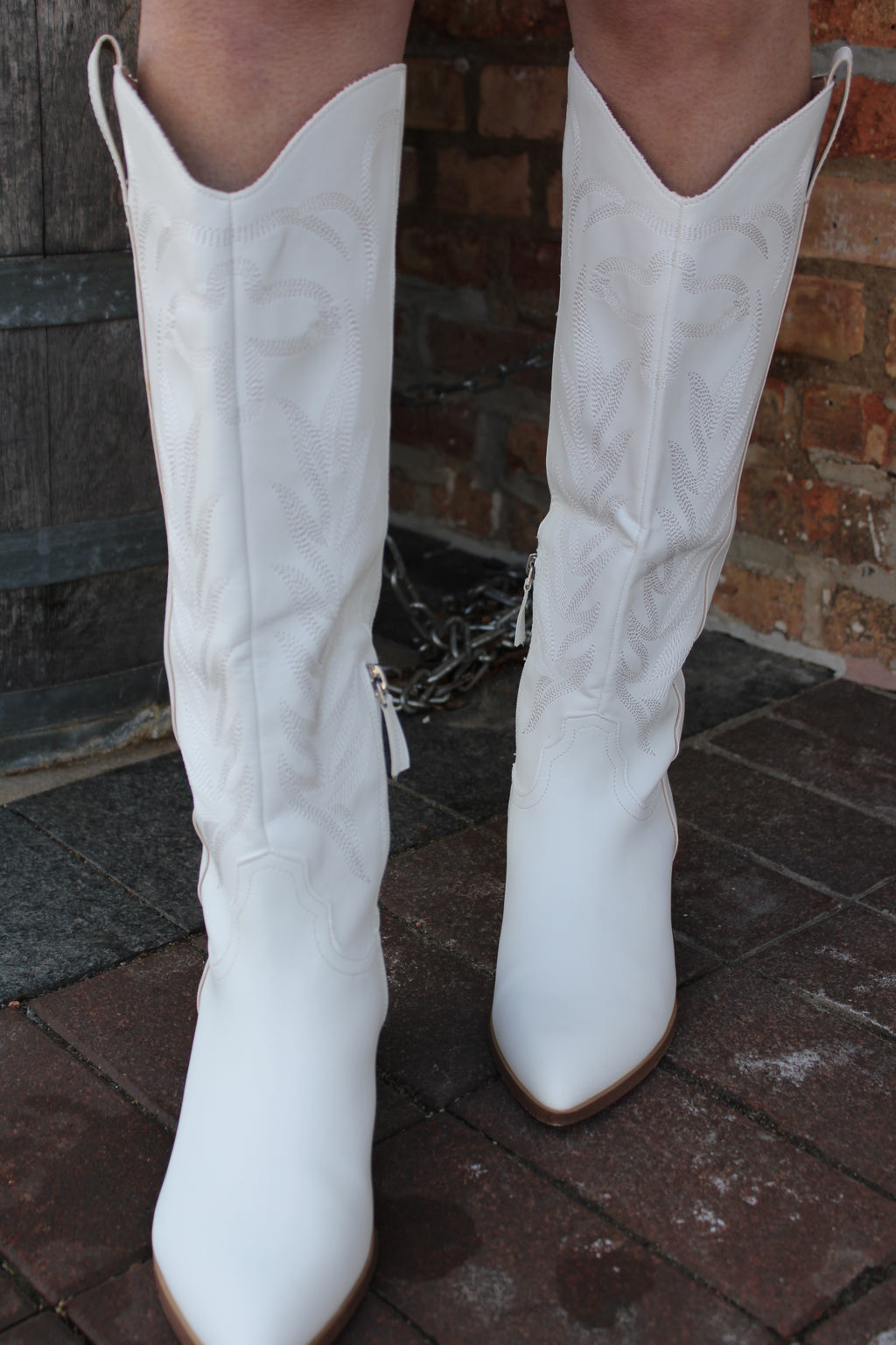 The Carrie Embroidery Block Heel White Western Boots
