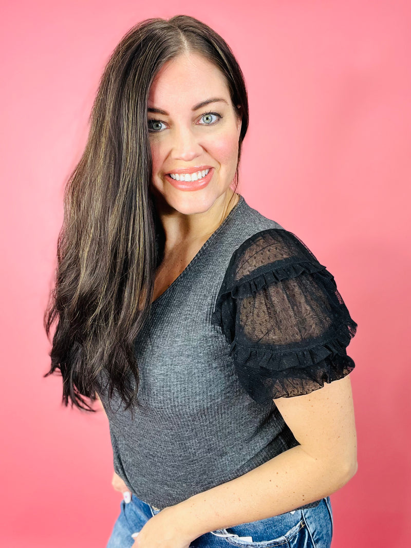 More to the Story Sheer Sleeve Top | Charcoal