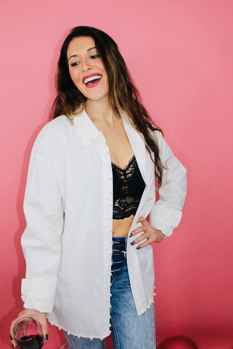 Risky Love Pearl Button Down Top | Bright White